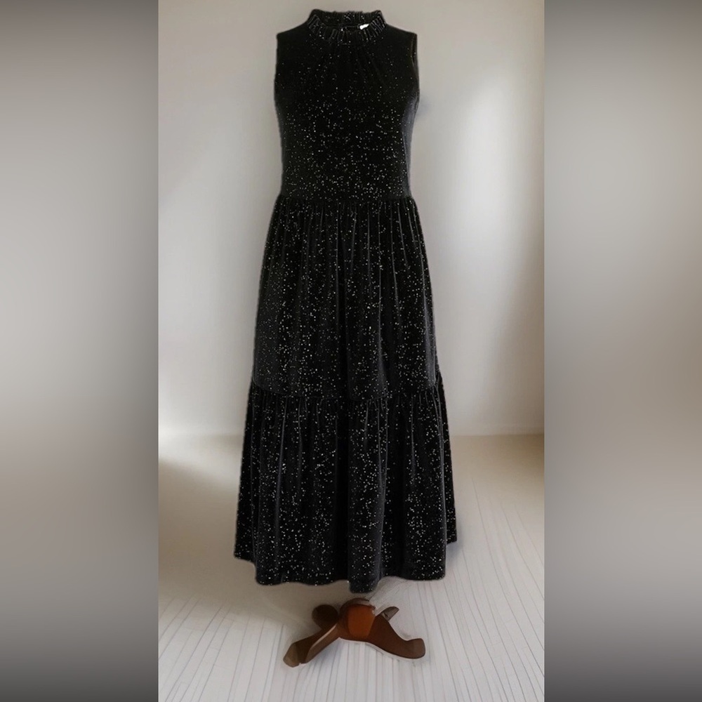 J Crew Women’s SZ 6 Shimmer velvet sleeveless midi dress Black Pockets Holiday